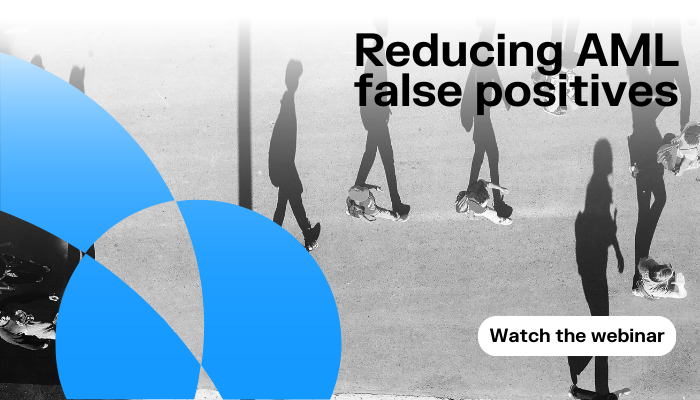 banner with call to action to watch webinar titled "Reducing AML false positives"