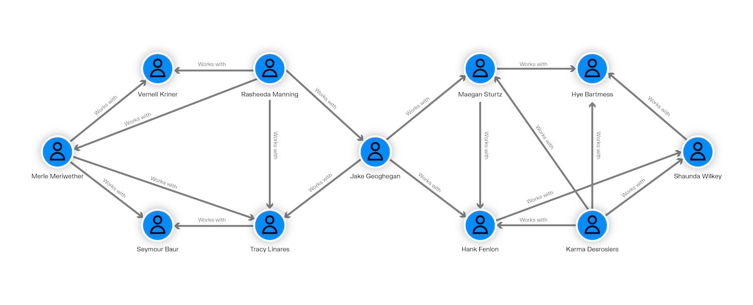 a graph visualization showing a how individuals in a professional network are connected